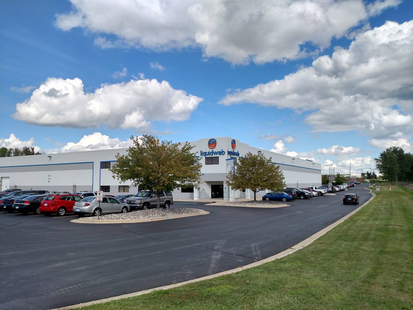 Exterior of the completed Liquid Web data center building in Lansing, Michigan.
