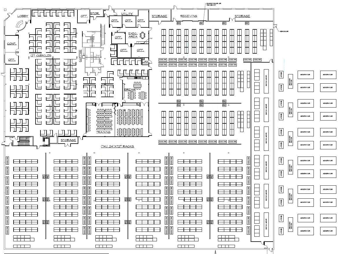 Architectural floor plan of the Lansing data center showing 741 racks, a generator bank, switchgear and primary switch lineups, cooling units and the office areas.