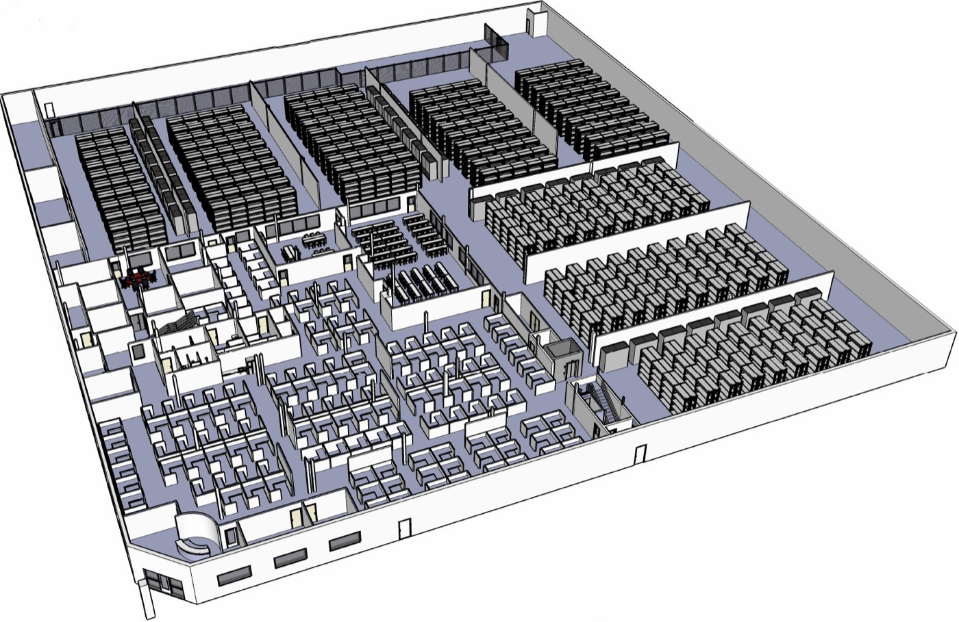 Three-dimensional layout model of the data center floor showing the data halls, rack rows, mechanical and electrical spaces, and the office area.