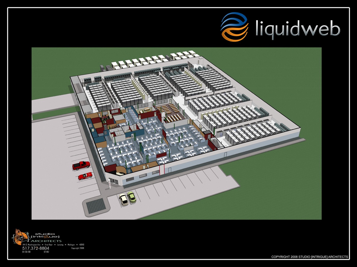 Architectural cutaway rendering of the Liquid Web data center campus, showing the data halls with rack rows, the mechanical and electrical spaces, and the office areas.