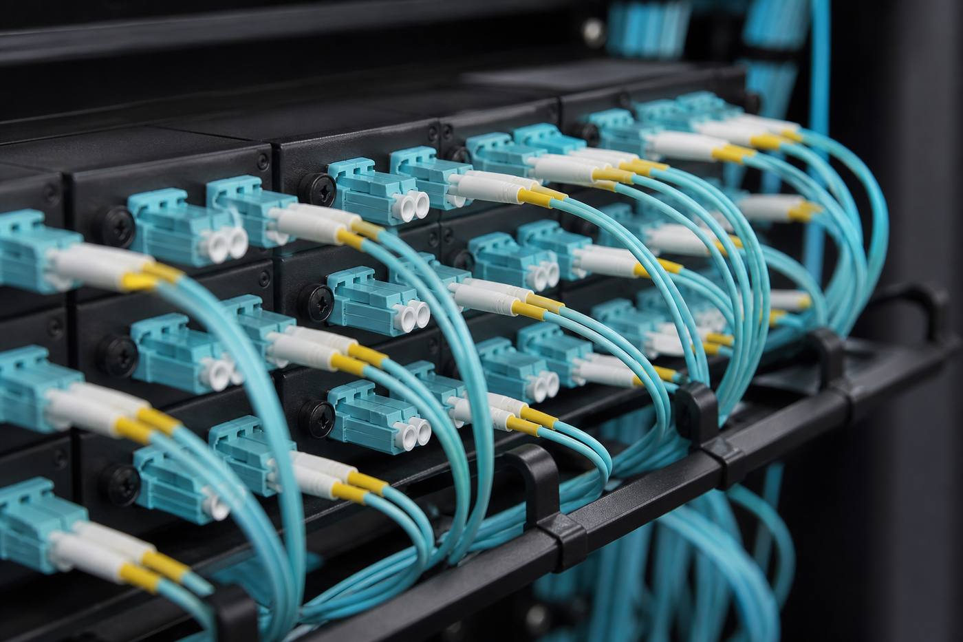 Fiber optic patch panel with LC duplex connectors and aqua jumpers in a cable management tray.