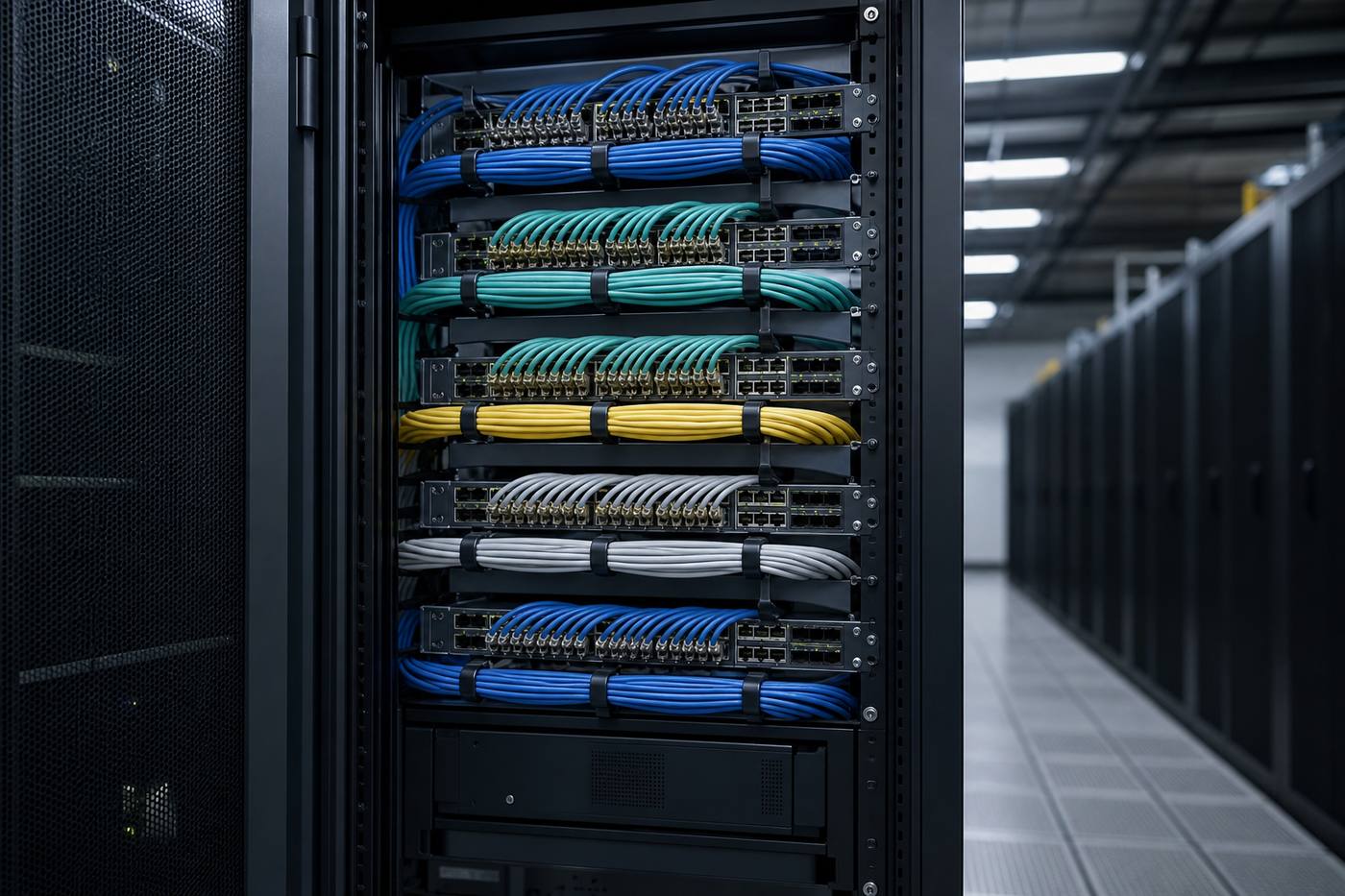 Rack of network switches with colour coded patch cable bundles dressed into horizontal cable managers.