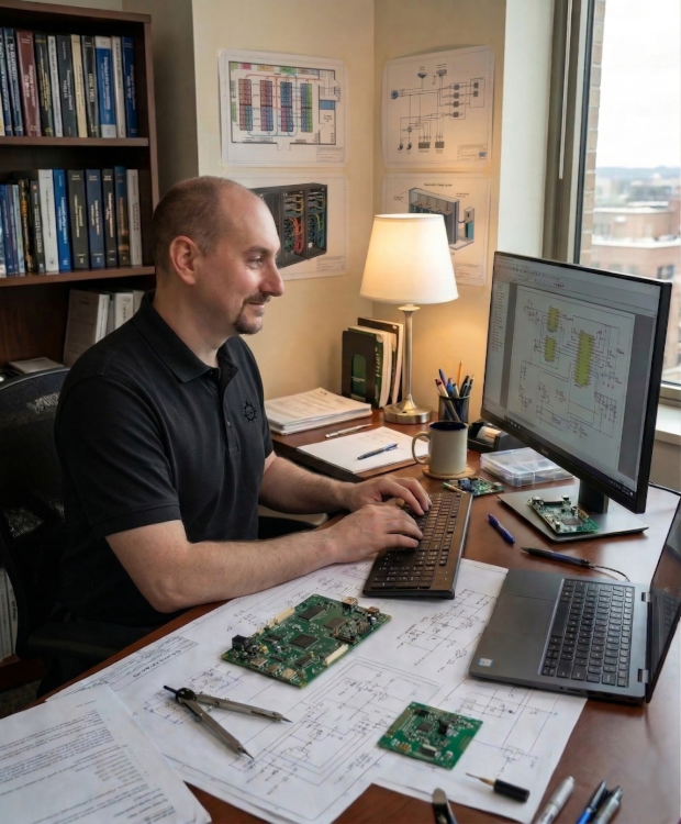 Chris Strandt at work with circuit boards and schematics
